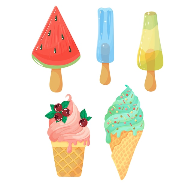 Helado de frutas y bayas helado en una taza de gofres hielo de frutas en un palo ilustración vectorial aislada sobre fondo blanco