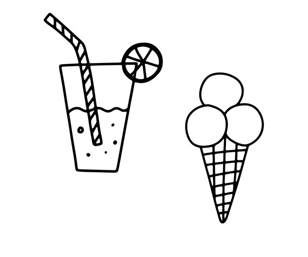 Helado de garabato dibujado a mano y ilustración de vector de boceto de limonada para decoración de tarjeta de cumpleaños de tarjeta de menú de café