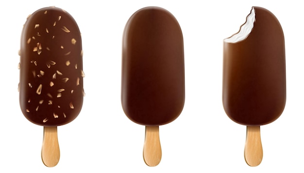 Helado con glaseado de chocolate y nueces en barra. Paleta de helado de chocolate marrón entero y mordido con maní aislado sobre fondo blanco Carteles de comida de vector 3D realistas y pancartas de verano.