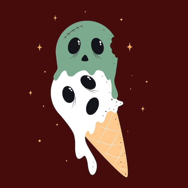 Helado de Halloween, helado zombie, ilustración de vector de comida de vacaciones de Halloween, comida de Halloween