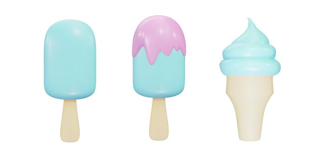 Helado helado con glaseado y en un cono 3d conjunto de objetos realistas Ilustración vectorial