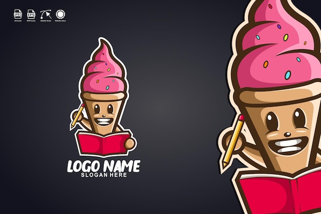 Vector helado leer libro lindo personaje mascota diseño de logotipo