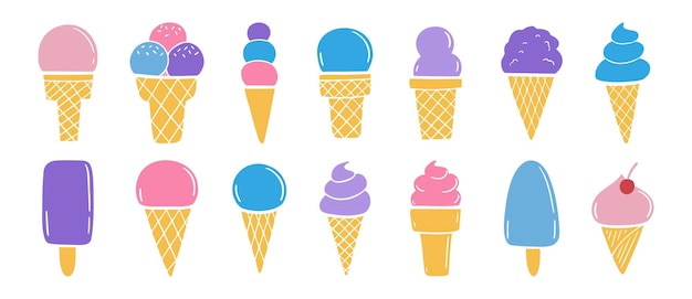 helado lindo conjunto de varios helados de dibujos animados dibujados a mano de color colección de moda de helados clipart ilustración