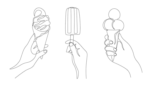 Helado de una línea. Postres fríos de verano de línea continua, mano femenina sosteniendo paletas dulces. Vector moderno concepto monoline refrescar gelato sobre fondo blanco.