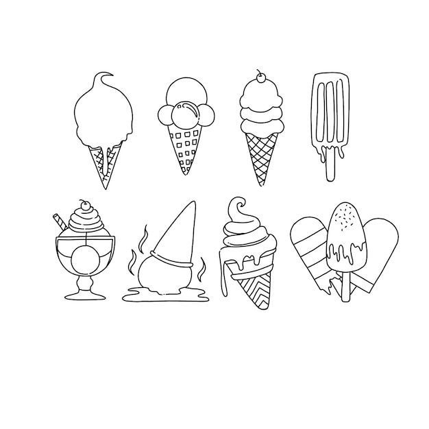 helado, mano, dibujado, garabato, ilustraciones, vector, conjunto