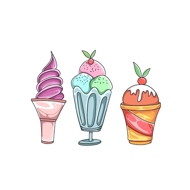 Helado, mano, dibujado, garabato, ilustraciones, vector, conjunto