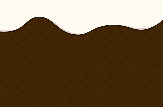 Vector el helado o el yogur se derriten sobre un gofre de chocolate. las gotas de líquido blanco cremoso o lácteo fluyen sobre las galletas tostadas y crujientes. textura de pastel dulce de oblea esmaltada. plantilla de fondo de vector para pancarta o póster