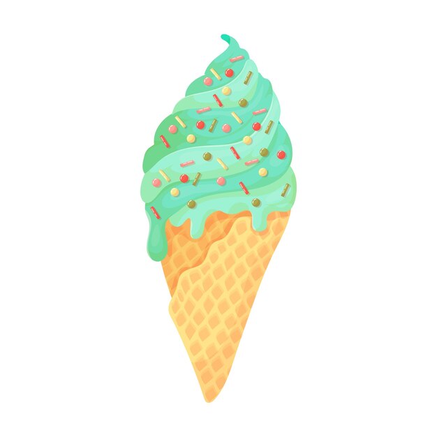 Helado de pistacho en un cono de galleta Dulces Accesorios de vacaciones en la playa Fin de semana de verano Ilustración vectorial aislada sobre fondo blanco