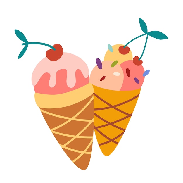 Helado Postre dulce de verano Delicioso helado en un cono de cereza Perfecto para menús de restaurantes e impresión Ilustración vectorial dibujada a mano aislada sobre fondo blanco