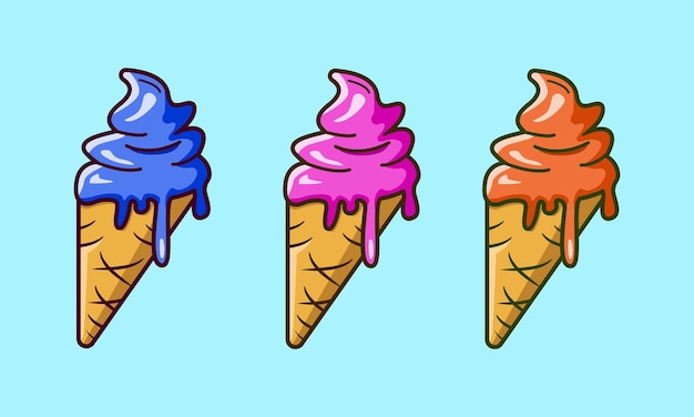 El helado que se derrite con el cono de waffle aislado El helado azul púrpura naranja Ilustración vectorial de dibujos animados