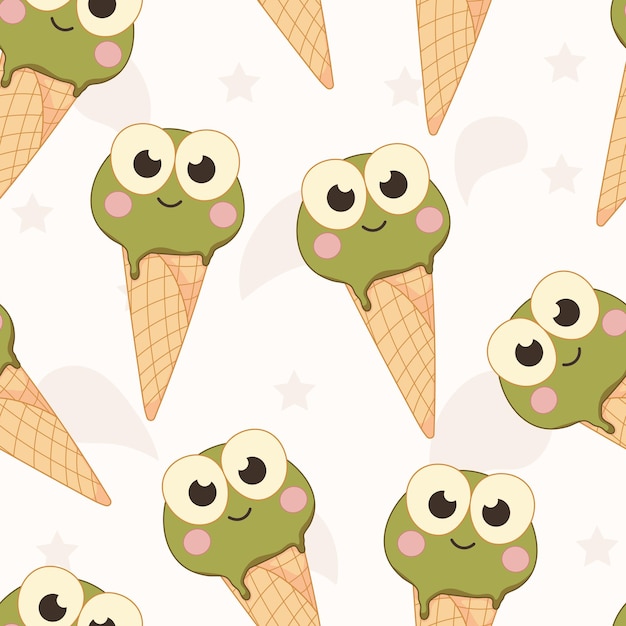 Vector helado de rana de dibujos animados en patrón de gofres. fondo transparente de comida asiática kawaii con lindo animal