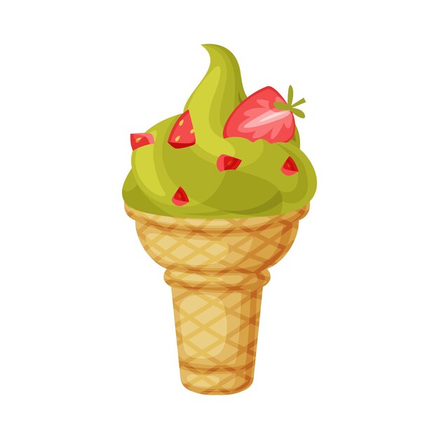 Helado retorcido en taza de waffle con placas de fresa como postre congelado e ilustración vectorial de bocadillos dulces
