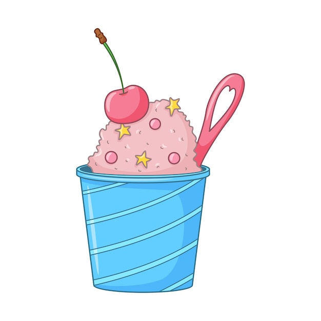 Helado rosa con chispas de cereza y cuchara linda en un balde Postre frío lácteo Comida dulce de temporada Dibujo a mano de garabato coloreado Ilustración vectorial aislada sobre fondo blanco Estilo de dibujos animados