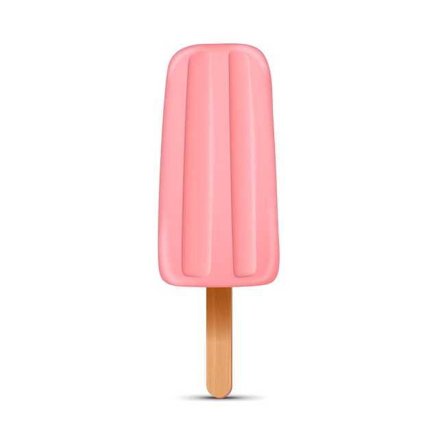 Helado rosa con ilustración de vector realista de palito de paleta aislado sobre fondo blanco