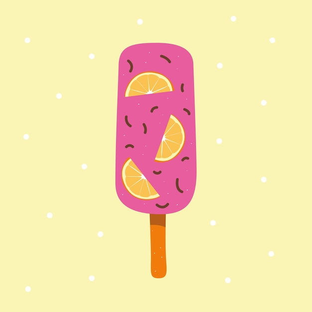 Helado rosa en un palo con rodajas de naranja en el interior. Ilustración de papel tapiz vectorial.