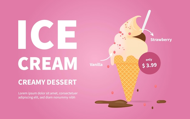 Helado sabroso en cono de galleta con anuncios de banner de fresa y vainilla Ilustración vectorial