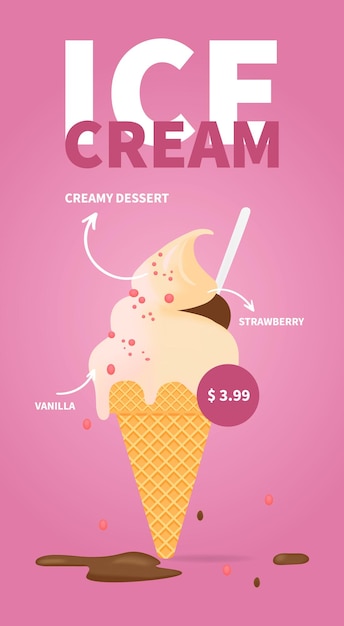 Helado sabroso en cono de galleta con anuncios de banner de fresa y vainilla Ilustración vectorial