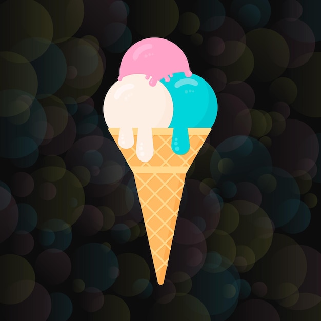 Helado sobre fondo bokeh borroso oscuro Cono de helado de dibujos animados en estilo plano Concepto de postres Ilustración de vector de verano Gelato italiano