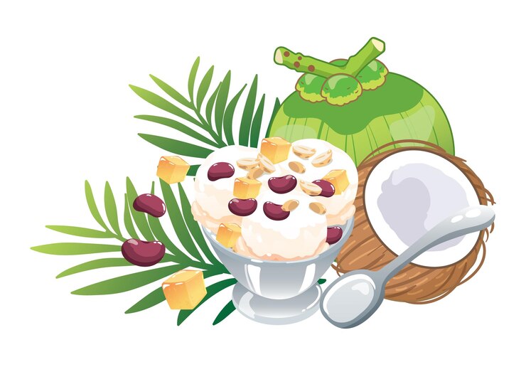 Helado tailandés de coco con frutas de palma, frijoles rojos, maní asado y cubos de patata dulce