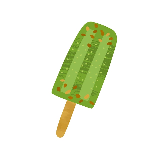 Helado de té verde Matcha en palo de madera. Barra de helado orgánico japonés con semillas de sésamo. Postre congelado vegano asiático. Comida vegetariana. Ilustración de vector plano aislado sobre fondo blanco.