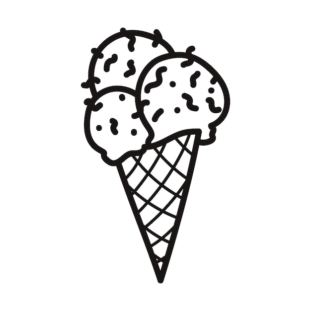 Helado Tres bolas estilo dibujos animados Ilustración vectorial de línea dibujada a mano aislada en blanco