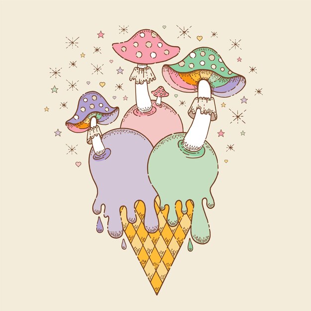 Helado Trippy con setas psicodélicas Poster retro con hongo lindo en helado derretido