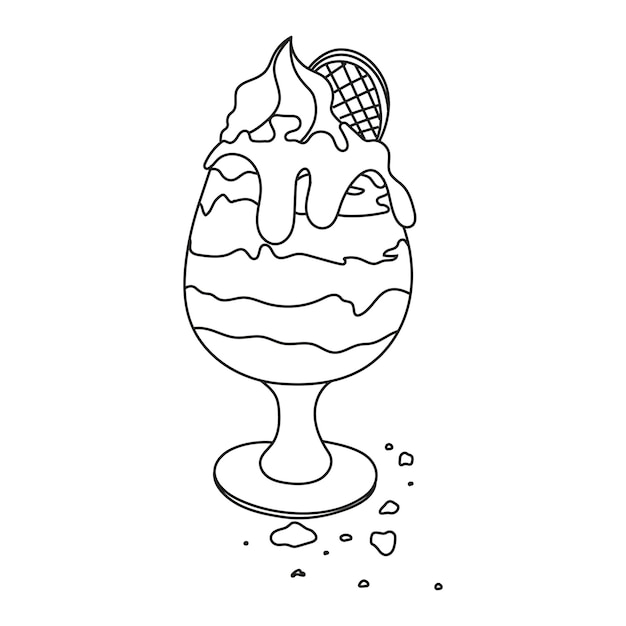 Helado en vaso con crema de galletas y gofres en estilo garabato Arte lineal Postre helado vectorial dibujado a mano