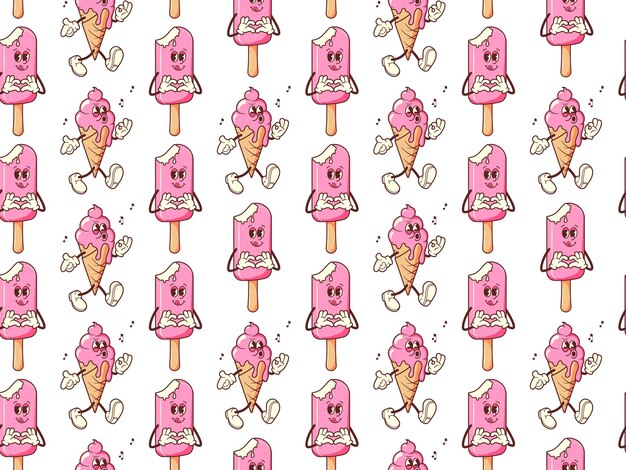 Helado vintage en estilo retro patrón sin costuras Groovy carácter vintage dulzura de verano