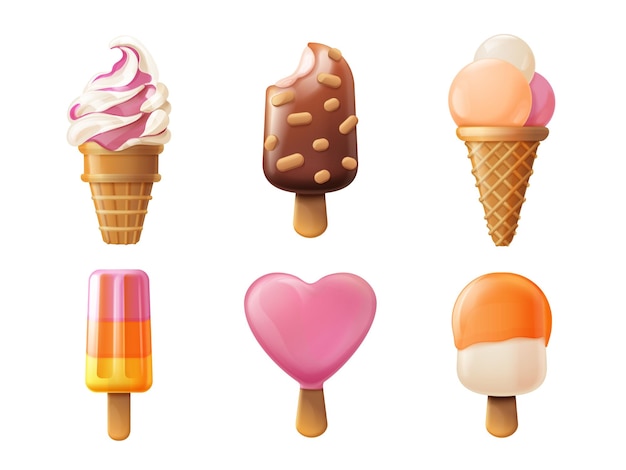 helados 3d helado suave waffle cono popsicle remolino esquimal corazón en palo fruta piruleta render tiempo de verano dulces congelados postre ilustración vectorial realista exacta