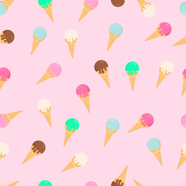 Helados coloridos conos de waffle patrón sin costuras postre de verano fondo vectorial plano dulces deliciosos para niños fácil de editar plantilla para decoración de fiestas de cumpleaños envoltura de papel tela, etc.