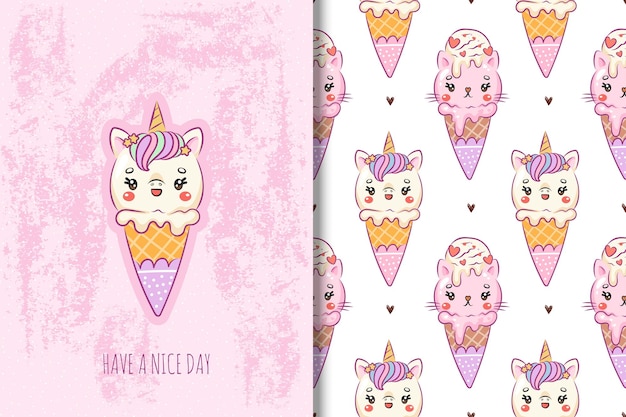 Vector helados con unicornio y caras de gato ilustración de tarjetas y patrones sin costuras para niños