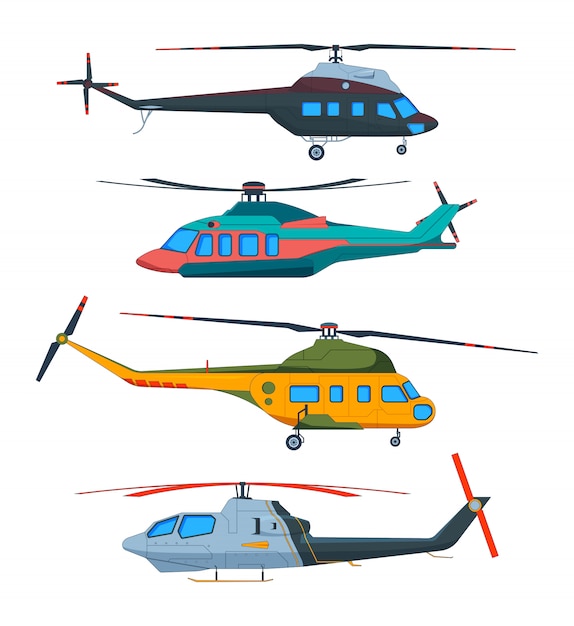 Helicopter Aviation. Helicópteros De Dibujos Animados. Transporte Avia aislado en blanco