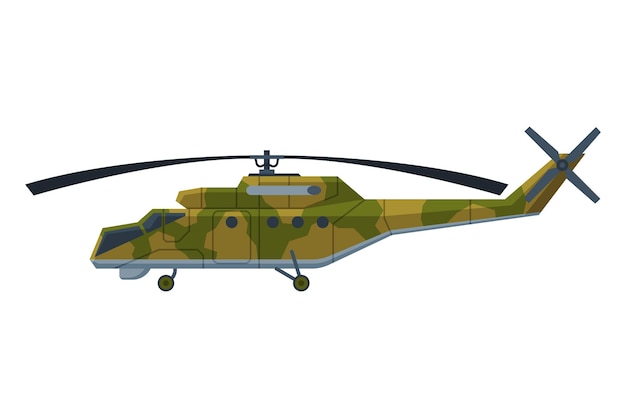 Helicóptero de camuflaje militar Vehículo especial pesado Transporte de guerra Ilustración vectorial plana
