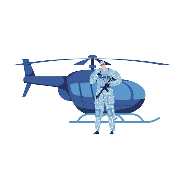 Helicóptero hombre militar volar aire aislado en blanco vuelo transporte piloto diseño dibujos animados estilo vector ilustración