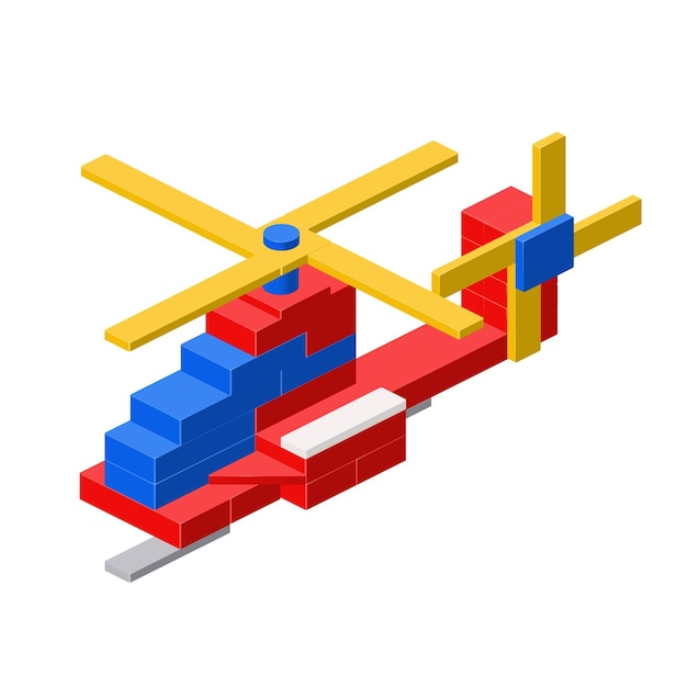 Helicóptero un juguete ensamblado a partir de bloques de plástico y ladrillos isométricos ilustración vectorial