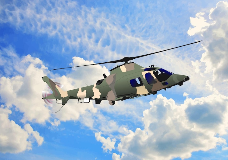 Vector helicóptero militar camuflado volando en un cielo nublado durante un ejercicio militar