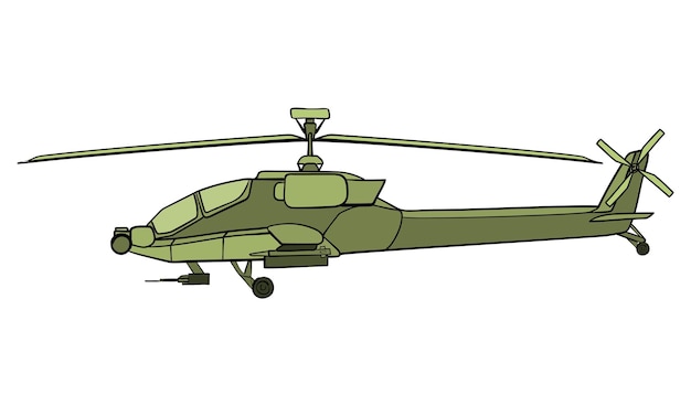 Helicóptero militar en estilo plano Boeing AH64 Apache Doodle vista lateral vector colorido