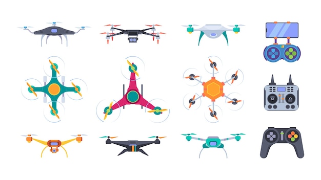 Helicópteros aéreos Drones de entrega con cámara fotografía aérea al aire libre sistemas de aeronaves inteligentes conjunto de imágenes planas vectoriales llamativas