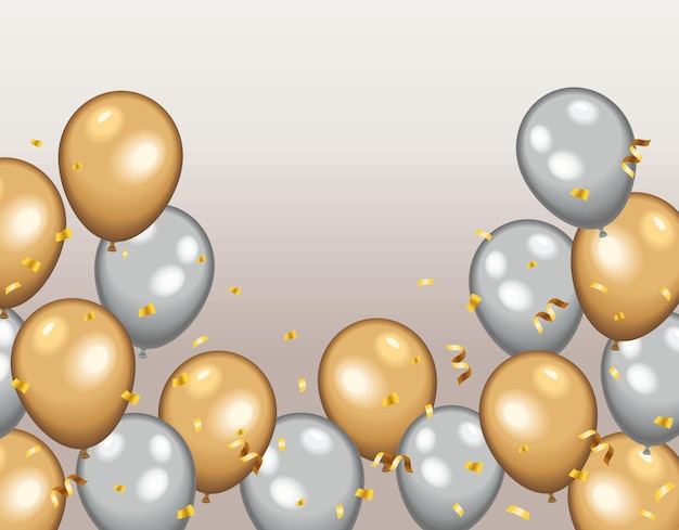 Vector helio de globos dorados y plateados.