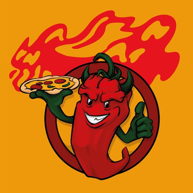 Vector hell pepper es un personaje de dibujos animados con una pizza en las manos logotipo o pegatina divertido y descarado