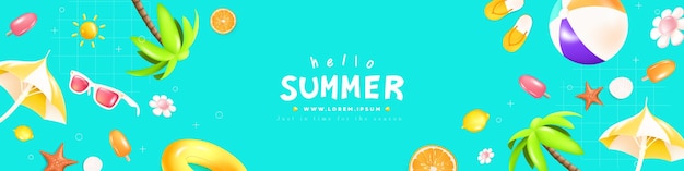Hello Summer Banner Web Horizontal con elementos de playas tropicales
