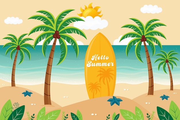 Hello summer flat vector illustration with surfboard on tropical palm beach