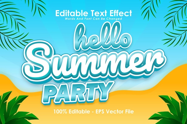 Hello summer party efecto de texto editable 3 dimension relieve estilo de dibujos animados