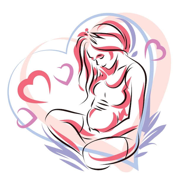 Hembra embarazada rodeada de ilustración vectorial dibujada a mano con marco en forma de corazón, bella dama tocando suavemente su vientre. concepto de amor y ternura.