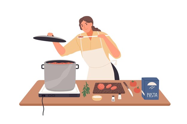 Hembra sonriente preparando salsa de tomate para pasta vector ilustración plana. Ama de casa feliz cocinando y probando comida en la mesa de la cocina aislada en blanco. Mujer en delantal durante la preparación de la comida.