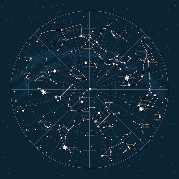 Vector hemisferio norte. mapa estelar de constelaciones