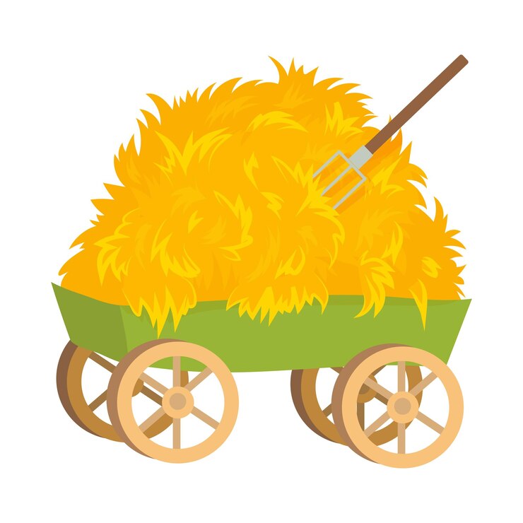 Vector el heno se apila en un remolque alimento para el ganado granja edificios agrícolas un conjunto de artículos para la granja ilustración de viento aislada sobre fondo blanco