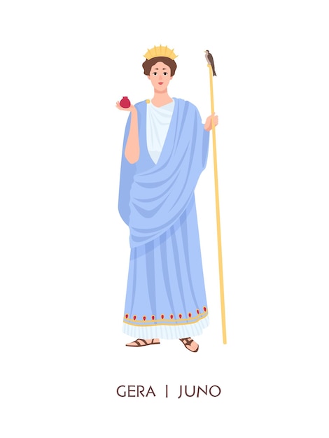 Hera o Juno: diosa de la mujer, el matrimonio, la familia y el parto en la antigua religión o mitología griega y romana. Personaje de dibujos animados femenino aislado sobre fondo blanco. Ilustración de vector plano.