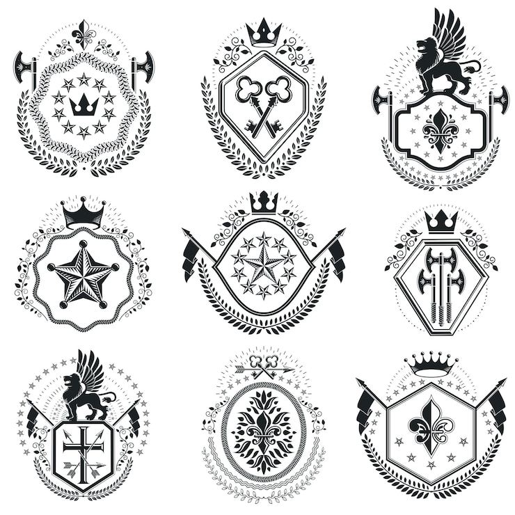Vector heráldica de estilo antiguo, emblemas heráldicos, ilustraciones vectoriales. colección de escudo de armas, conjunto de vectores.