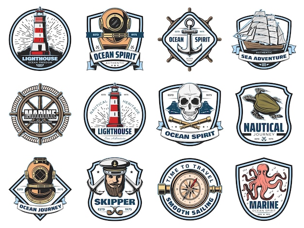 Heráldica náutica vector iconos marinos aislados
